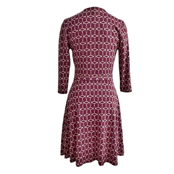 41 Hawthorn Burgundy Geometric Print Faux Wrap Tie Belt Dress size Small - Picture 2 of 7